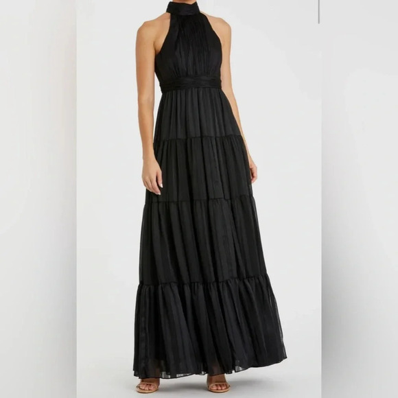 Mac Duggal 49515 | Tie Neck Tiered Halter Gown | Black w/Silver | Size 12 - Picture 1 of 7